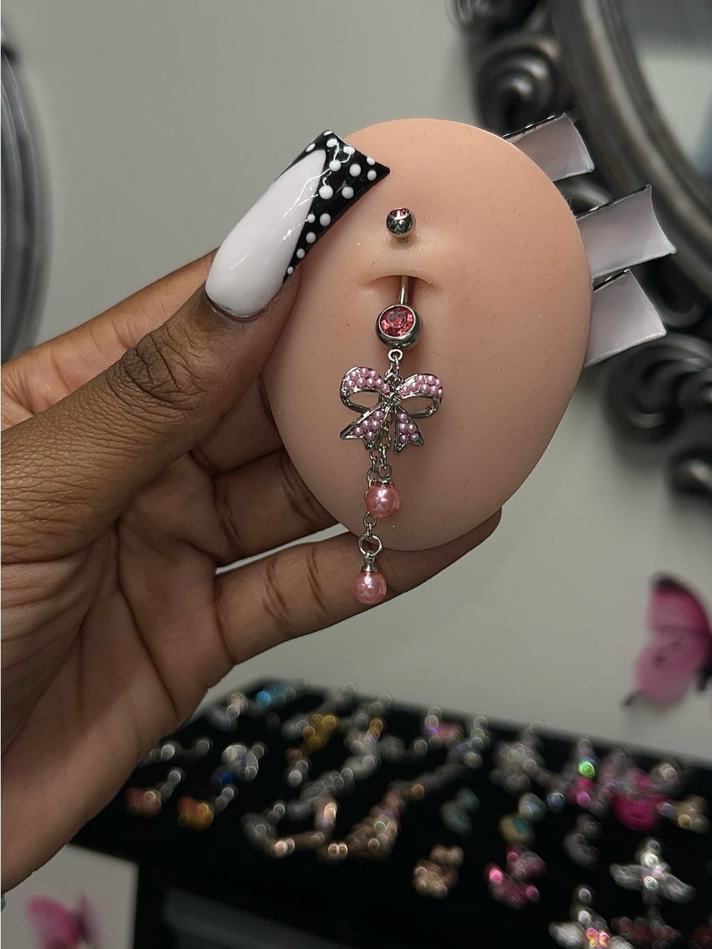 Pink Bow Dangle Belly Ring